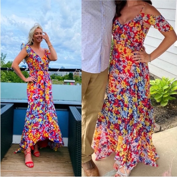 🌿 Red Radiant Ruby Floral Chiffon Asymmetric Dress 🌿 - Picture 6 of 14